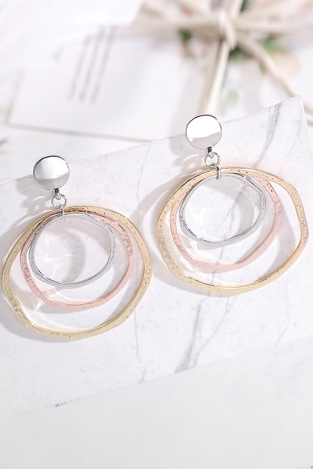 Silver 3-color Concentric Rings Dangle Earrings-0