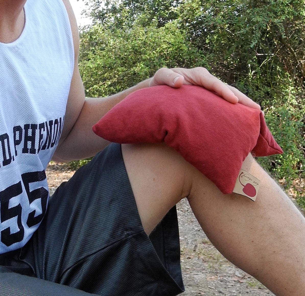 Hot Cherry Square Pillow in Red Denim-3