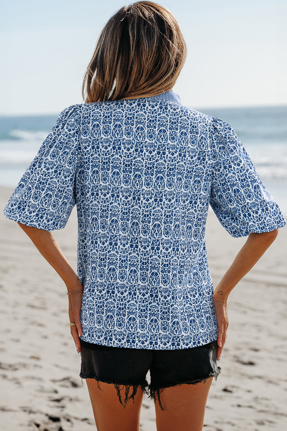 Alayah Floral Striped Ric-rac Puff Sleeve Top-1