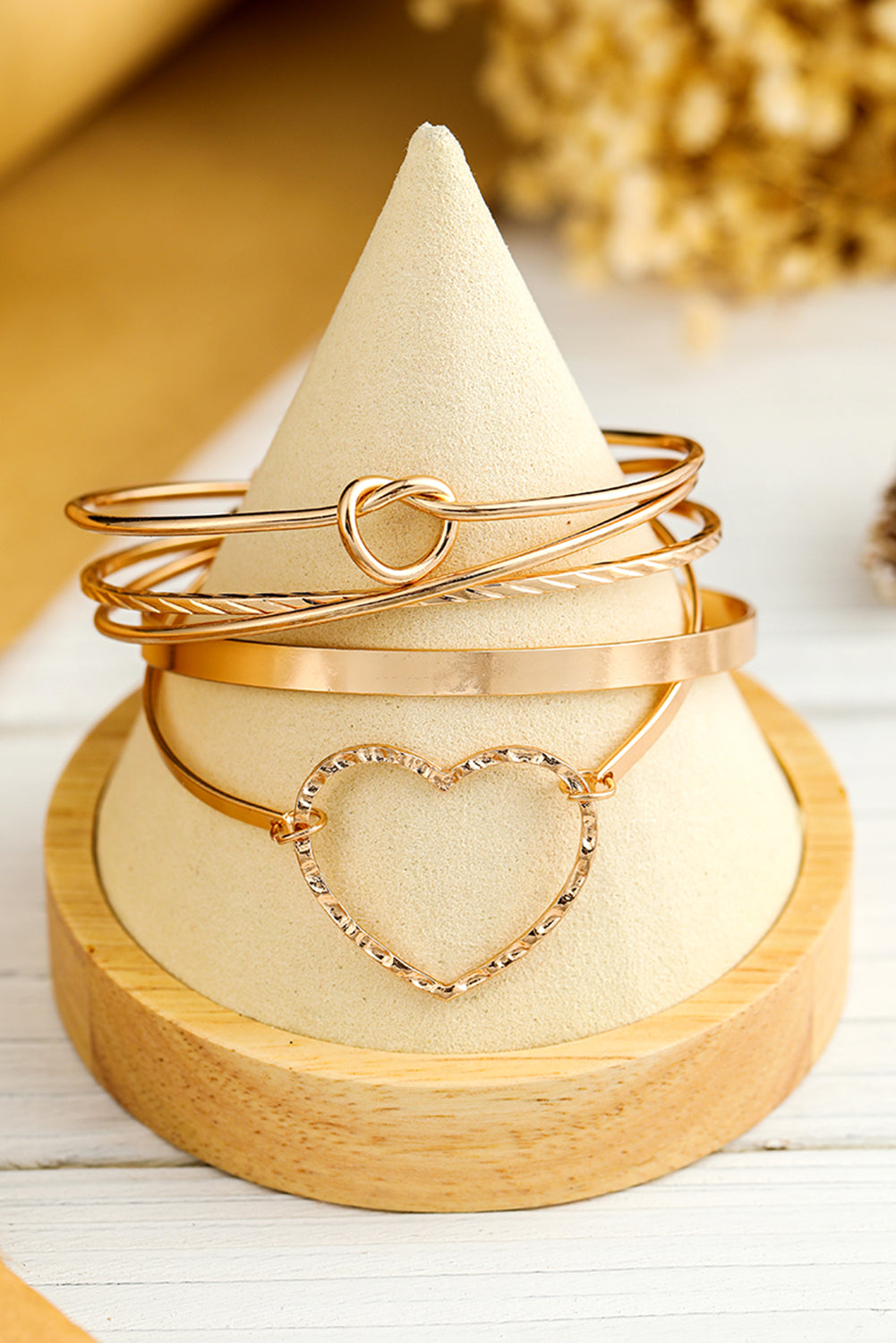 Gold Heart Knot Plated Multi Layer Open Cuff Bracelet Set-2