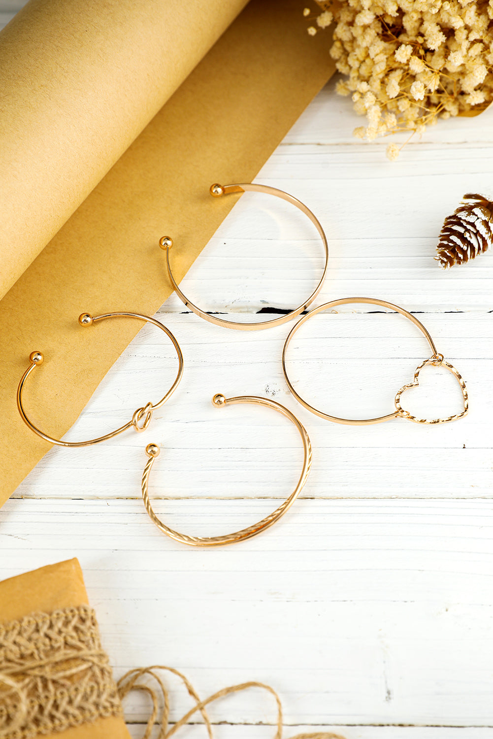 Gold Heart Knot Plated Multi Layer Open Cuff Bracelet Set-1