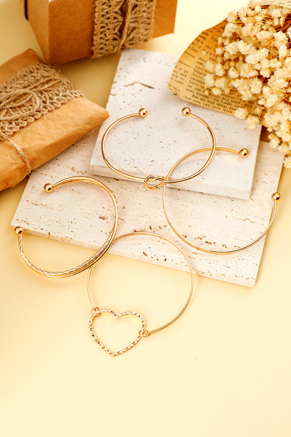 Gold Heart Knot Plated Multi Layer Open Cuff Bracelet Set-3