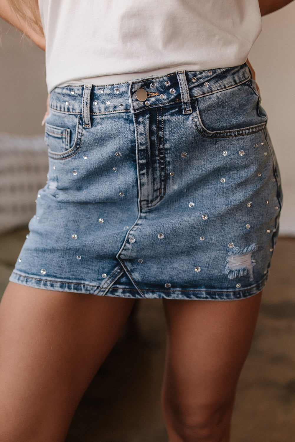 Kamryn Rhinestone Distressed Denim Skirt-0